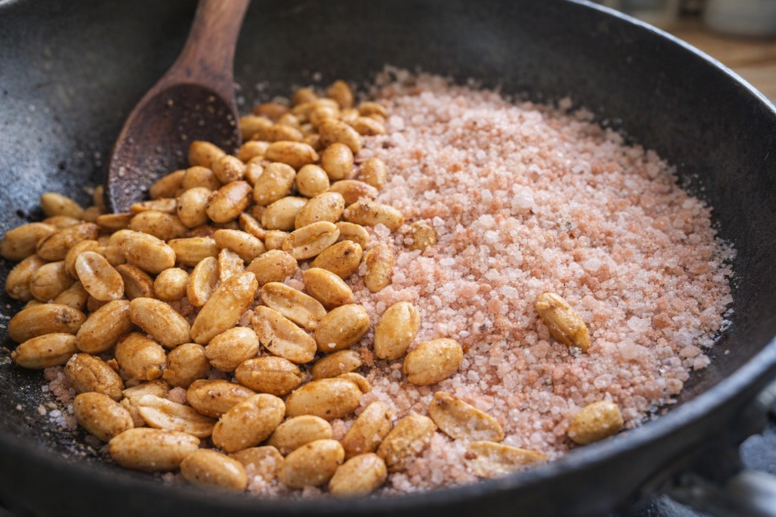 An overhead shot of peanuts roasting in a wok with coarse salt, showing the textural contrast between the peanuts and the salt. The salt is a light pink color.